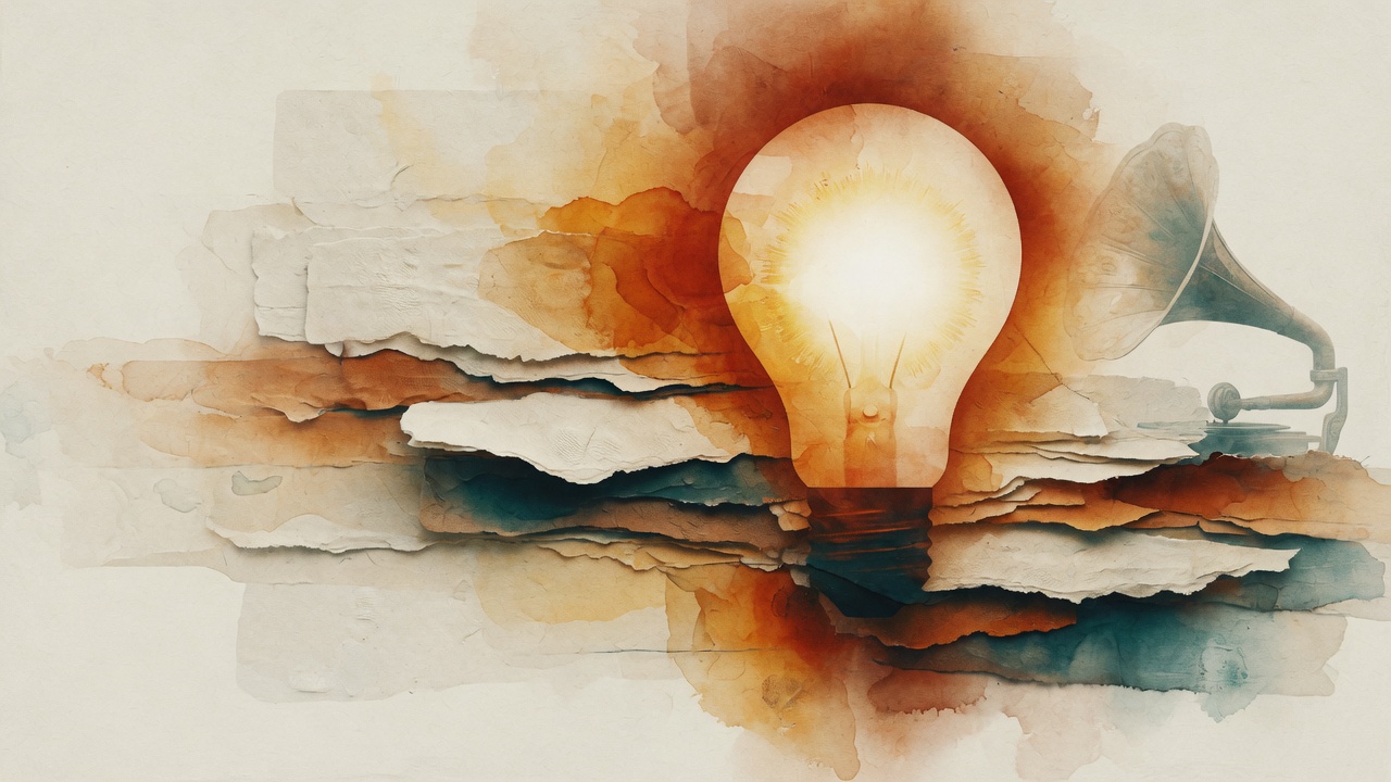 A glowing light bulb rising from layered handmade paper and watercolor washes, with a faint phonograph horn in the background